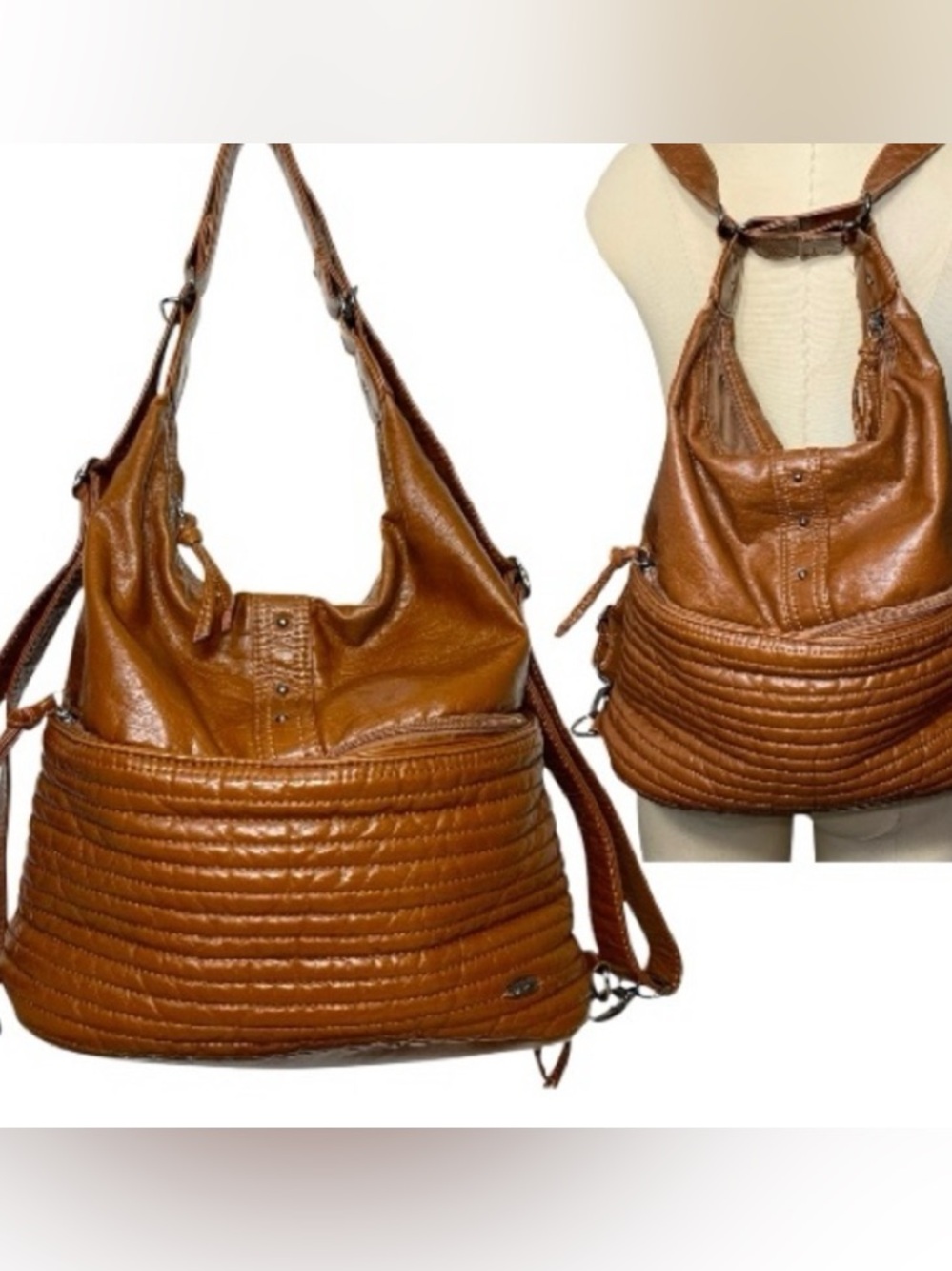 Brown Backpack Shoulder Bag Faux Leather Multipurpose Zippered Adjustable Strap